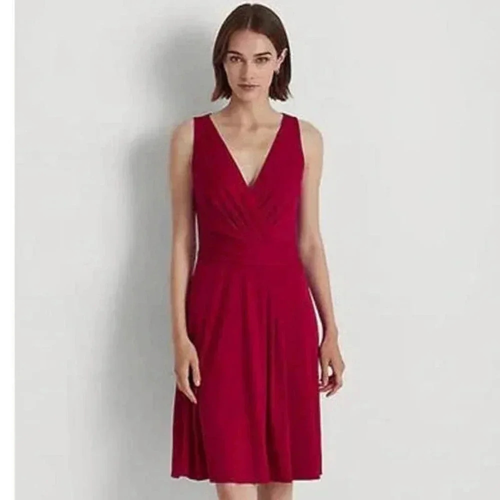 Lauren Ralph Lauren Women's Pink V-Neck Ruched Sleeveless Midi Dress Size 6